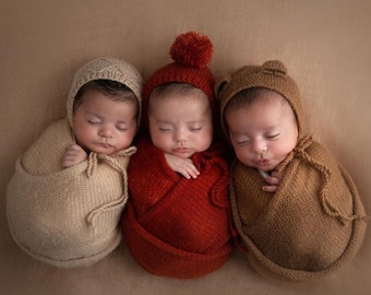 Ensemble de jouets de chapeau long enveloppant pour nouveau-né en tricot, bonnet à cravates tricotées, ensemble d'emmaillotage pour nouveau-né en tricot, enveloppement pour nouveau-né, chapeau et ensemble de jouets pour une magie intemporelle de séance photo