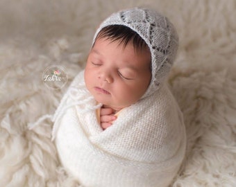 Wrap bonnet toy pillow set for newborn baby photograpy prop, Knit swaddle bonnet set Baby photographer, New baby photo shooting, Baby hat