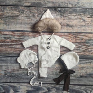 Newborn Mohair Romper Set: Teddy Bear Bonnet, Photo Prop Outfit