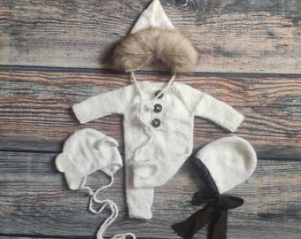 Newborn white romper teddy bonnet photograpy prop,newborn bear outfit,newborn fur hat photo shoot,Baby girl ribbon hat, Newborn photo outfit