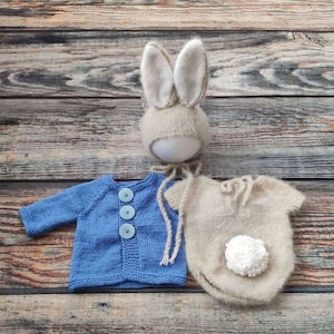 Handmade Baby Bunny Outfit: Knit Newborn Hat, Jacket & Romper