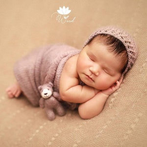 Newborn Photography Prop Set: Knit Wrap, Hat, Toy Pillow