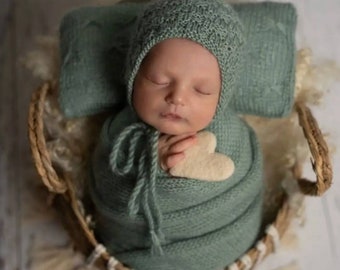 Stretch knit wrap bonnet toy pillow set for newborn, swaddle wrap baby photography,knit Newborn hat, baby cap
