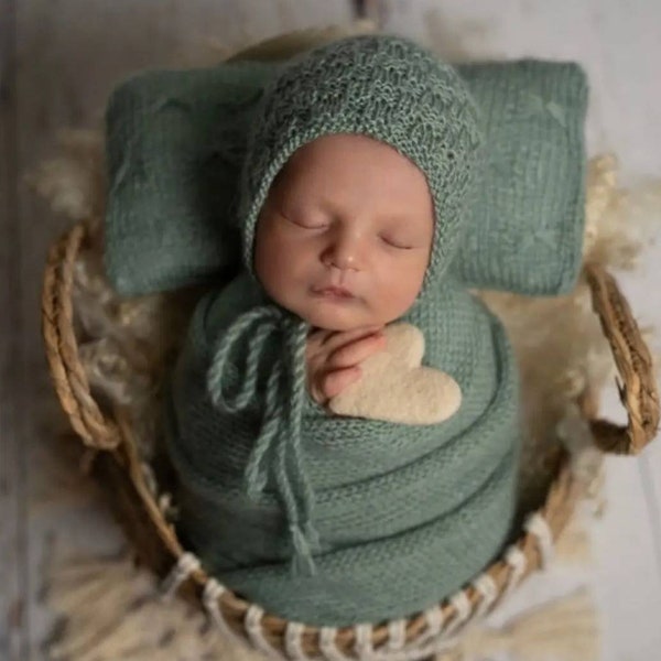 Stretch knit wrap bonnet toy pillow set for newborn, swaddle wrap baby photography,knit Newborn hat, baby cap