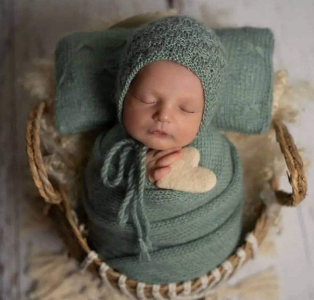 Stretch knit wrap bonnet toy pillow set for newborn, swaddle wrap baby photography,knit Newborn hat, baby cap