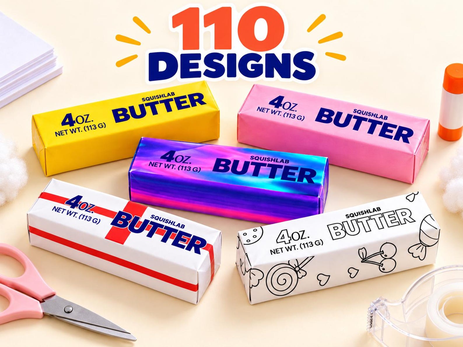 Butter Squishy Template Bundle: 110 Printable Paper Squishy Designs, Coloring Pages, DIY Kids Craft