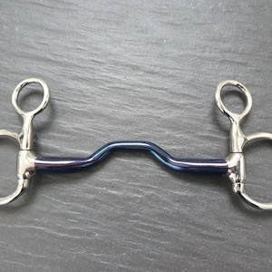 May include: A blue and silver horse bit with a curved mouthpiece and loose rings.