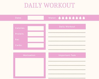 Op de afbeelding: Een roze printbare dagelijkse workoutplanner met secties voor datum, waterinname, calorieën, eiwitten, vetten, koolhydraten, dagelijkse training, motivatie, belangrijke taak, ontbijt, lunch, diner en snack.