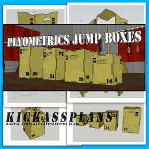 Puede incluir: Imagen de cajas de salto pliométricas de madera con diferentes alturas, etiquetadas con números. Las cajas están dispuestas en fila, con el texto "PLYOMETRICS JUMP BOXES" en la parte superior. La imagen también incluye el texto "KICKASSPLANS DIGITAL DOWNLOAD CONSTRUCTION PLANS".