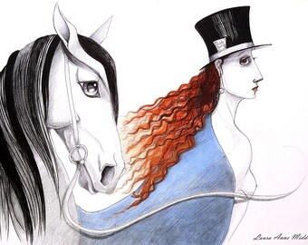 Fine Art Giclée Print-Lady Godiva illustration, Gift for her, female art illustration, Lady and horse print, gift for her, lady with top hat