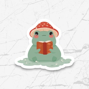 Frog Wearing Mushroom Hat Sticker, Book Lover, Reading, Bookish, Kindle Stickers