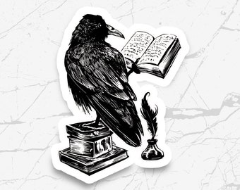 Raven Reading Book Sticker, Book Lover, Reading, Bookish, Kindle Stickers, Quill Inkwell, Gothic Decor