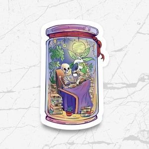 Skeleton Reading Books in a Jar Sticker, Book Lover, Bookish, Spooky, Kindle Stickers