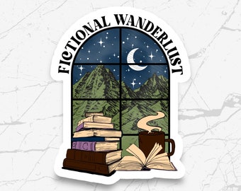 Fictional Wanderlust Sticker, Book Lover, Bookish, Kindle Stickers, Starry Night Sky, Coffee & Reading Vinyl