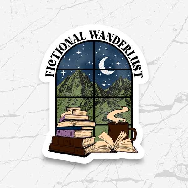 Fictional Wanderlust Sticker, Book Lover, Bookish, Kindle Stickers, Starry Night Sky, Coffee & Reading Vinyl