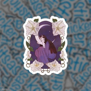 Night Moon Fairy Sticker, Fantasy Sticker, Datura Flower, Moon Sticker