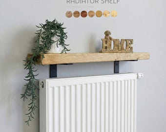 Radiator Shelf, Solid Pine – Rustic Wood, Black Brackets, Custom Briwax Finish