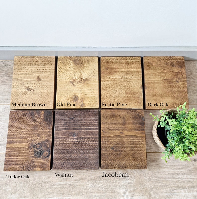 May include: Wood stain colour samples in various shades of brown, including Medium Brown, Old Pine, Rustic Pine, Dark Oak, Tudor Oak, Walnut, and Jacobean.