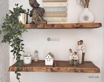 Waney Edge Floating Shelf, Rustic Solid Wood, Wax Finish, Reclaimed, 22.5cm Deep