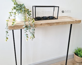 Rustic Console Table with Hairpin Legs, Made From Reclaimed Scaffold Boards, Radiator Shelf, 22cm Deep, 3.5 cm Thick, 86cm Height