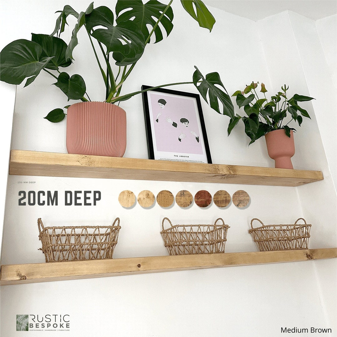Rustic Floating Shelf Handmade From Solid Wood, Floating Shelf 20cm Deep, 4.5cm Thick, Fixings