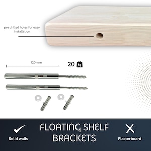 May include: A light-colored wooden floating shelf with pre-drilled holes for easy installation. The image also shows the shelf's mounting hardware, including screws, washers, and wall anchors. The shelf can hold up to 44 pounds and is 120mm long.