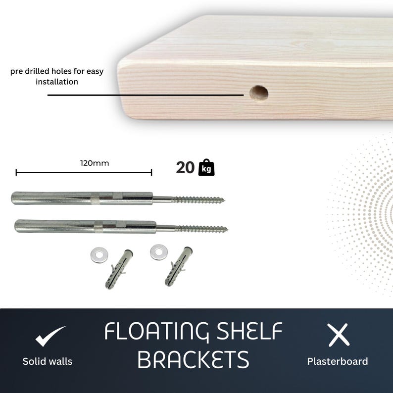 May include: A light-colored wooden floating shelf with pre-drilled holes for easy installation. The image also shows the shelf's mounting hardware, including screws, washers, and wall anchors. The shelf can hold up to 44 pounds and is 120mm long.