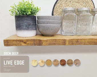 Rustic Floating Shelf Handmade Solid Wood, Live Edge, Wax Finish, 20cm Deep