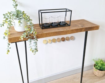 Rustic Console Table with Hairpin Legs, Live Edge Front, Reclaimed Timber, 22.5cm Deep, 3.5cm Thick , 71cm Height , Varius Finishes