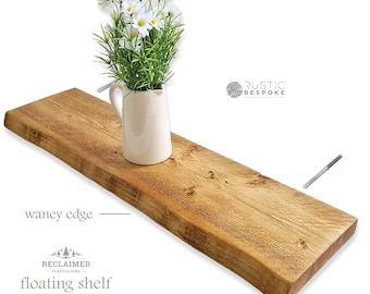 Waney Edge Floating Shelf, Rustic Solid Wood, Wax Finish, Reclaimed