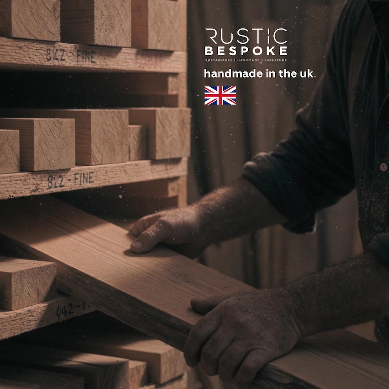 May include: A person's hands handling a wooden plank from a stack of lumber. The image features the text "RUSTIC BESPOKE handmade in the uk." and the UK flag. The wood appears to be oak.