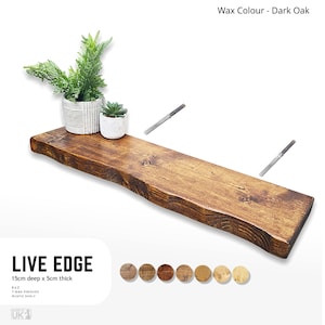 Rustic Floating Shelf, Handmade Solid Wood, Live Edge, Wax Finish, Fixings Included, 15cm Deep
