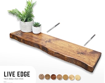 Rustic Floating Shelf, Handmade Solid Wood, Live Edge, Wax Finish, Fixings Included, 15cm Deep