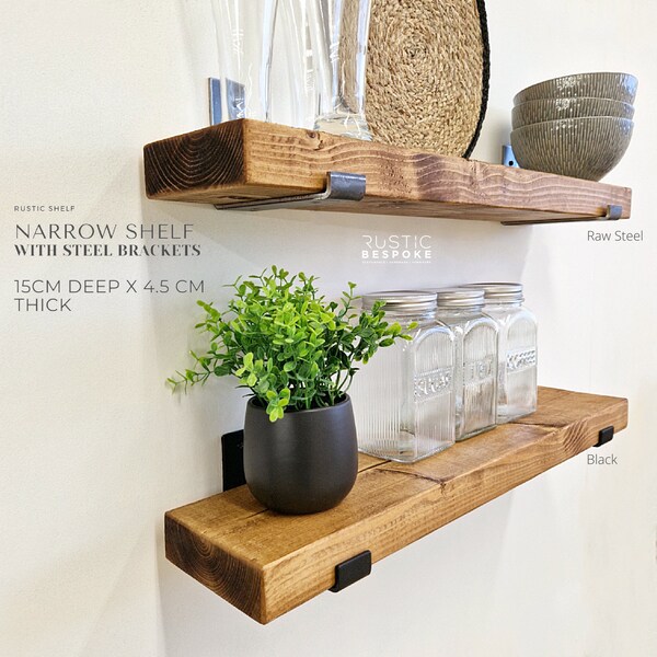 Rustic Shelf handmade from solid wood 15cm deep, 4.5cm thick, fixings included, Heavy Duty Steel brackets , Wax Finish