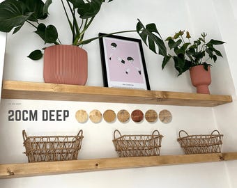 Rustic Solid Wood Floating Shelf: Wax Finish, Fixings Included, 20cm Deep
