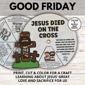 Jesus Died on the Cross Good Friday Bible Coloring Wheel Craft for Kids, Good Friday Bible School Lesson Craft, Jesus on the Cross Craft