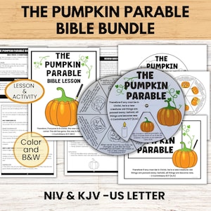 Könnte beinhalten: Ein druckbares Bibel-Lern- und Aktivitätspaket mit einem Kürbis mit dem Text "The Pumpkin Parable" und Bibelversen. Das Paket enthält eine Farb- und Schwarzweißversion der Lektion und Aktivität.