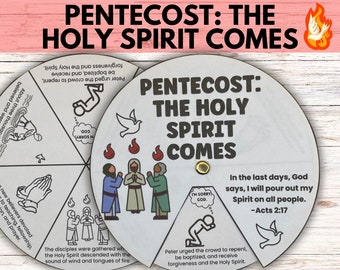 Pentecost Holy Spirit Comes Bible Wheel Craft Sunday School Lesson for Kids, Pentecost Bible Story Lesson Wheel, Acts 2:1-43 Coloring Craft