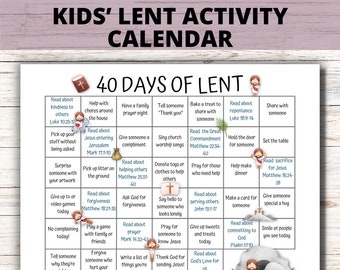 Kids 40 Days Lenten Calendar, Lent Activity Calendar for Kids, Ash Wednesday Bible Study, Catholic Lent Family Activities