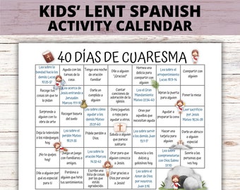 Kids 40 Days Lenten Calendar Spanish, Spanish Lent Activity Calendar for Kids, Ash Wednesday Bible Study, Catholic Lent Family Activities