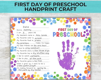 Primer día de preescolar recuerdo de memoria arte de huellas de manos, cuestionario de entrevista preescolar de artesanía de huellas de manos, guardería de regreso a la escuela imprimible