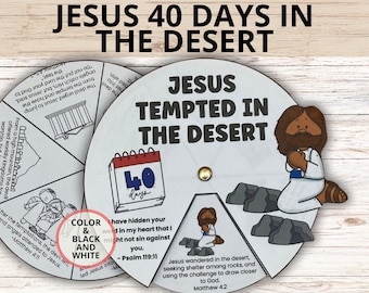 Jesus Tempted in the Desert Bible Craft, Matthew 4:1-11 Bible Coloring Wheel, 40 Days in the Desert Bible Spinner Wheel Sunday School Lesson