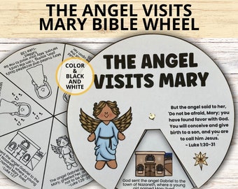 May include: A printable, cut-and-color craft wheel for kids to learn about the Nativity story. The wheel features an angel visiting Mary, with text from Luke 1:27-31. Color the wheel with black and white crayons or markers.
