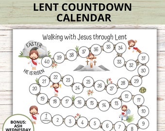 40 Days Lent Countdown Calendar for Kids, 40 Days Lenten Calendar, Ash Wednesday Bible Lesson, Catholic Lenten Countdown for Kids