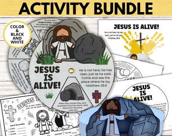 Paquete de manualidades con la historia bíblica del domingo de Pascua: Jesús está vivo, tapete de actividades para colorear para la escuela dominical de Pascua, manualidad con la huella de la mano de Jesús ha resucitado para Pascua