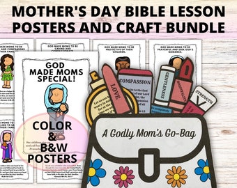 Mothers Day Bible Teaching Posters and Craft Bundle, Sunday School Moms of the Bible, Kids Church Mothers Day Bible Craft Kids Gift for Mom