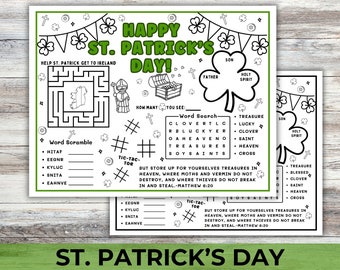 St. Patricks Day Bible Activity Coloring Placemat, Christian St. Patricks Day Sunday School Activity for Kids, Childrens Church Game Puzzles