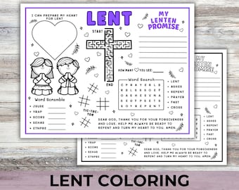 Lent Bible Activity Coloring Placemat, Easter Sunday School Activity for Kids, Childrens Church Ash Wednesday My Lenten Promise Lent Games