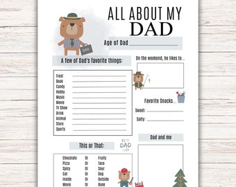Tutto su mio padre Questionario per la festa del papà, regalo per papà, artigianato stampabile fai da te per la festa del papà dai bambini, Tutto su papà, riempi lo spazio vuoto