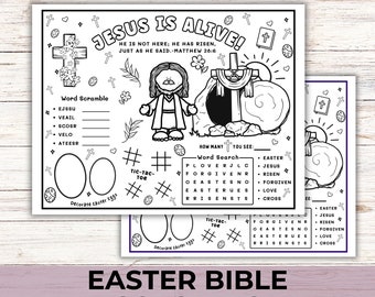 Easter Bible Activity Coloring Placemat, Christian Easter Sunday School Activity for Kids, Children's Church Jesus is Alive Easter Games